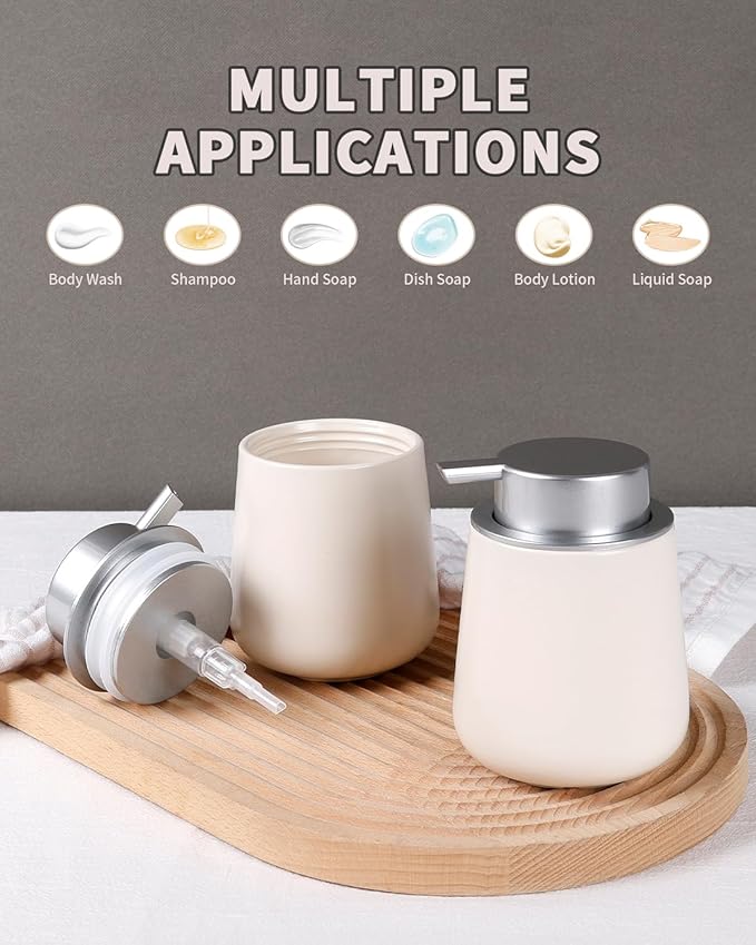 BosilunLife Hand Soap Dispenser - Beige & Grey 12Oz Ceramic Soap Dispenser Bathroom Refillable Liquid Dispenser for Dish Soap with Easy-to-Press Pump