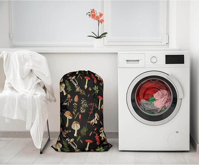 Swono Mushrooms Laundry Bag Drawstring Closure Fall Jungle Theme Floral Cherry Exotic Botanical Plant Heavy Duty Laundry Portable for College Dorm Room Essentials for Travel Camp