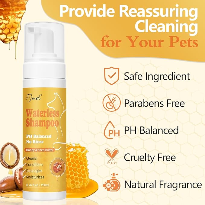 Waterless Shampoo for Cat & Dog with Honey & Shea Butter, No Rinse Dry Pet Shampoo Waterless for All Fur, Cleaning & Removes Odors, Conditioning & Anti-Tangle, Moisturizing Skin