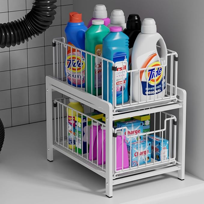 2 Tier Sliding Basket Drawer Organizer, Lxmons Pull Out Under Sink Cabinets Organizers, Metal Home Shelf for Bathroom or Kitchen, Sliding Countertop or Pantry Storage Shelf, Large White