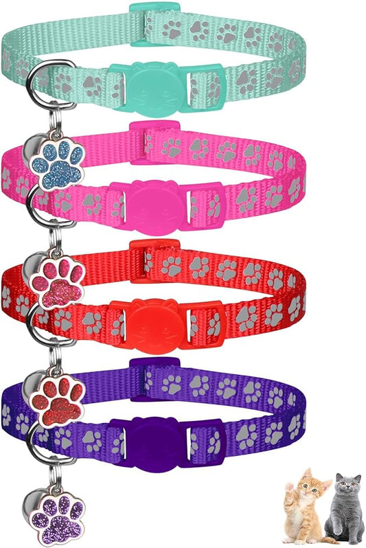 4PCS Breakaway Cat Collars,Reflective Cat Collar with Bells,Kitten Collars for Boy&Girl Cats Breakaway Collar for Cats with Paw Pendant 6-9 Inch(Purple+Hotpink+Red+Teal)