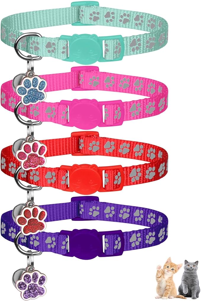 4PCS Breakaway Cat Collars,Reflective Cat Collar with Bells,Kitten Collars for Boy&Girl Cats Breakaway Collar for Cats with Paw Pendant 7.5-12.6 Inch(Purple+Hotpink+Red+Teal)