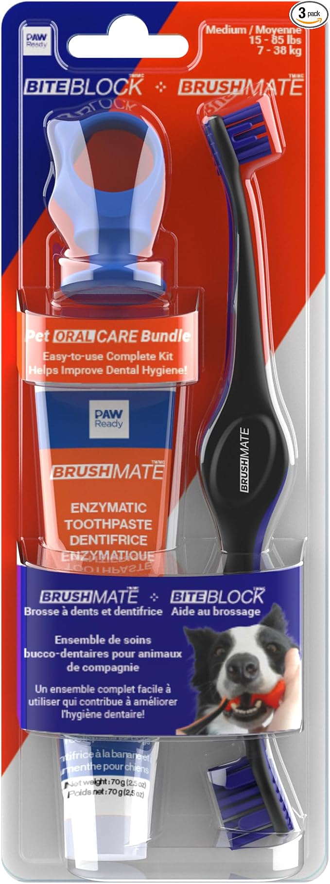 Paw Ready Doggy Breath to Doggy Fresh Dog Dental Care Kit Includes Enzymatic Toothpaste, Dual Brush Head Toothbrush with Angled Bristles and Blue Bite Block to Gently Keep Pets Jaw Open (Blue, Medium)