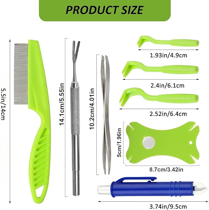 Tick Removal Tool Kit 8 in 1 for Dogs Cats with Storage Box,Safe & Easy, Effective,Stainless Steel Metal Grooming Flea Comb and Tick Tweezers,with Magnifying Glass for Humans and Pets