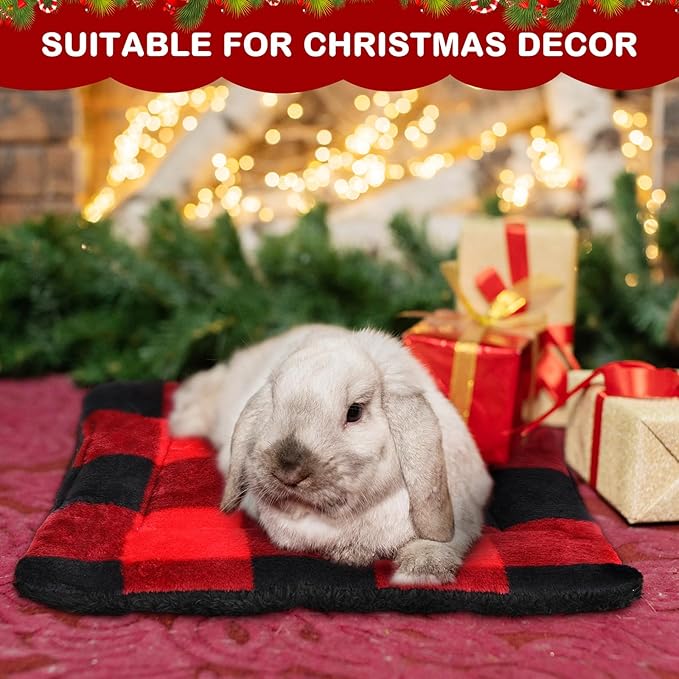 Haull 4 Pcs Waterproof Guinea Pig Bedding Winter Guinea Pig Bed Plush Cage Liners Soft Dog Cat Mat Reversible Winter Cozy Animal Pee Pad Hamster Bed Mat for Bunny (Red Black Plaid,13 x 10 Inch)