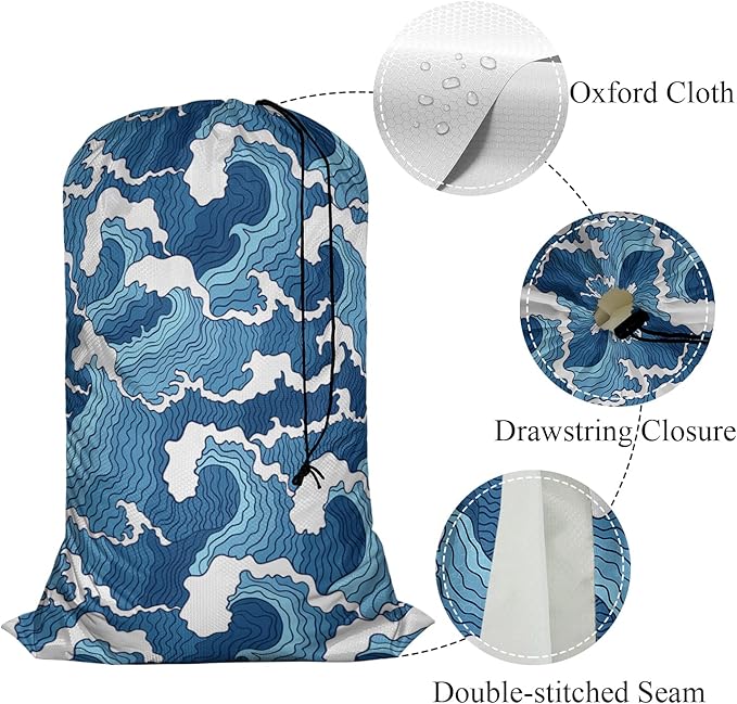 Swono Wave Large Collapsible Laundry Bag - Surf Sea Cartoon Blue White Foldable Hamper, Football Grid Oxford Cloth, Holds 4 Loads, Ocean Theme