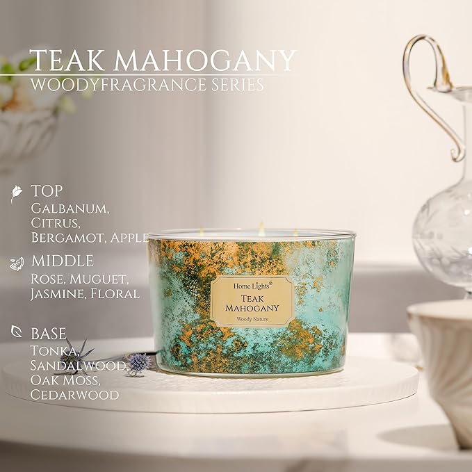 HomeLights Large jar Candle | 4-Wick Long-Lasting Scented Candles, 18oz Natural Soy Wax Candle for Home Scented, Industrial Chic Gifts for Women & Men, Teak Mahogany