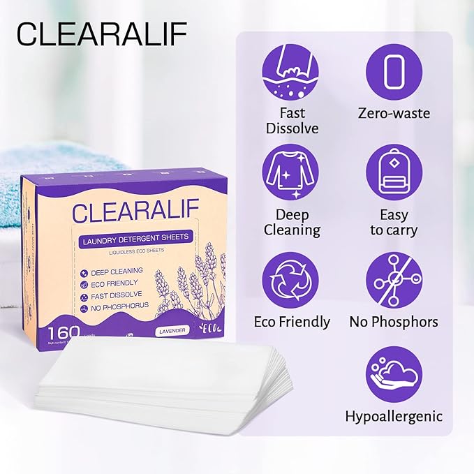 CLEARALIF Laundry Detergent Sheets, Lavender,Up to 480 Loads - Great For Travel,Apartments, Dorms,Laundry Detergent Strips Eco Friendly & Hypoallergenic (Pack of 3)