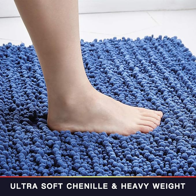 Walensee Bathroom Rug Non Slip Bath Mat (44x24 Inch Dark Blue) Water Absorbent Super Soft Shaggy Chenille Machine Washable Dry Extra Thick Perfect Absorbant Best Large Plush Carpet for Shower Floor