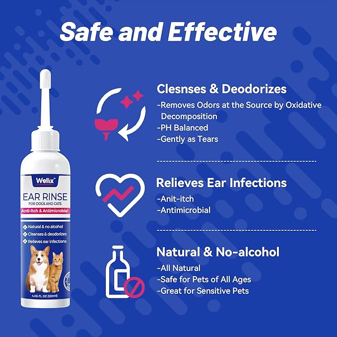 Wellix 120ml Ear Cleaner for Dog & Cat - Ear Infection Treatment Without Irritation - Dog Ear Wash for Itch Relief & Soothing Inflammation - Ear Wax, Powder and Odor Removal Drops