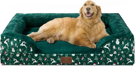 Comfort Expression Orthopedic Dog Bed for Extra Large Dogs 42x30 Inch, Waterproof Egg Crate Foam XL Pet Bed with Removable Bolsters, Dog Couch with Washable Cover & Non-Slip Bottom, Christmas Green