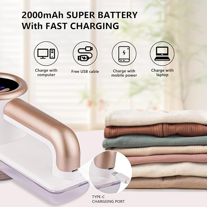 iRUNTEK Rechargeable Fabric Shaver, Electric Commercial Lint Remover with LED Display & Big Trash Box, 3-Speeds for Removing Fuzz and Pill from Clothes, Furniture, Sweater, Couch and Blanket, White