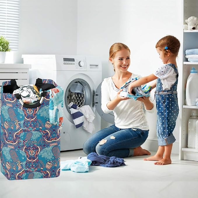 visesunny Vintage Elephant Animal Large Laundry Bag Collapsible Oxford Fabric Laundry Hamper Foldable Portable Laundry Basket with Handles for Bathroom, Bedroom, Home