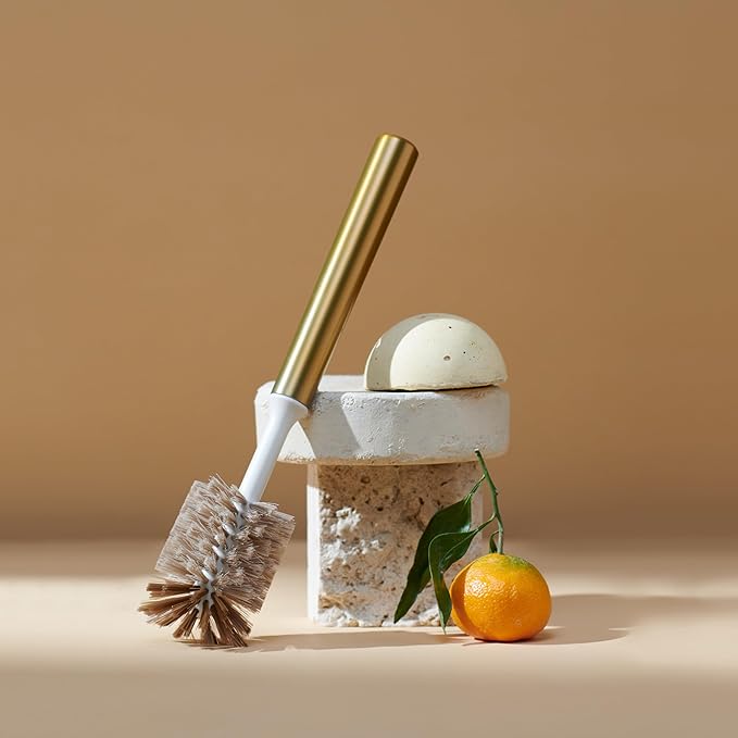 Ionic Bottle Brush, Magnetized to Stand Upright, Stainless Steel with Replaceable Head, Brass/Gold