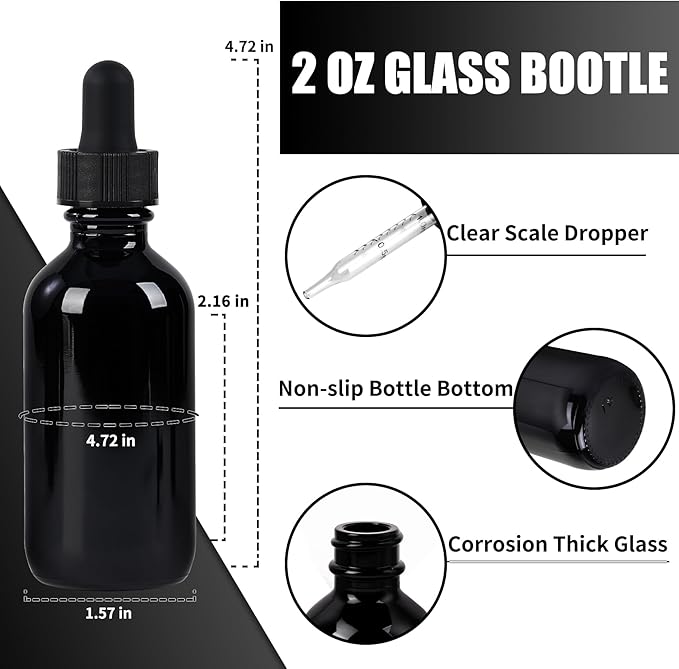 24 Pcs, 2oz Glass Dropper Bottle, Leakproof Tincture Bottles with Dropper, Black Reusable Eye Dropper Bottle, for All Kinds of Liquids (Black, 2oz-24pcs)