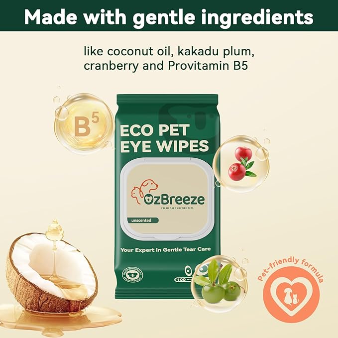Pet Eye Wipes – 100 Count Unscented Tear Stain Remover | Natural Coconut Oil, Kakadu Plum, Cranberry, Provitamin B5 Formula | Gentle Eye Cleaning Pads for Discharge, Mucus & Saliva Stains