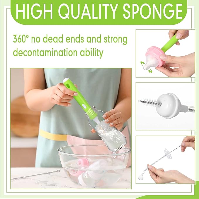 22 Pcs Sponge Bottle Nipple Brushes Set Including 12 Pcs Bottle Sponge Brush Heads 6 Interchangeable Nipple Brush Handles and 4 Long Straw Brushes for Baby Bottles (White and Green Handle)