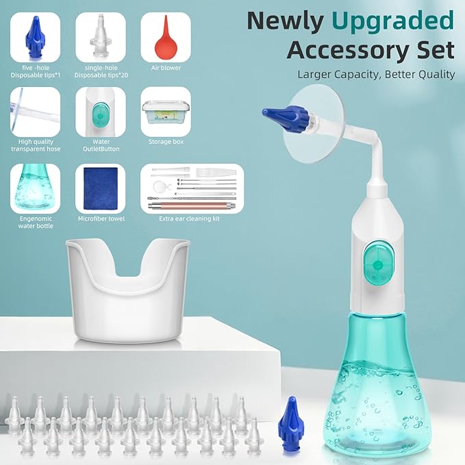 Ear Wax Removal Tool, Ear Cleaning Kits Safe Ear Irrigation Kit Ear Flush Kit for Adults Kids, Ear Wax Washer Device with LED Earwax Spoon, Basin, Bulb, Curette Kit, Towel,Tips,Storage Box,Green,50pcs