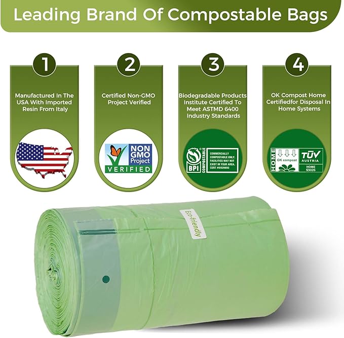 3 Gallon Compostable Trash Bags Drawstring, Heavy Duty Extra Thick 1 Mil, 11.36 Liter, 50 Bags, Small Kitchen Food Scrap Waste Bag, ASTM D6400, US BPI and OK Compost Home Certified