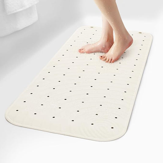 Extra Long Rubber Bathtub Mat, Non-Slip Shower Tub Mat, 39x16 Inch, Bath Tub Floor Mat with Suction Cups and Drainage Holes, Ivory White