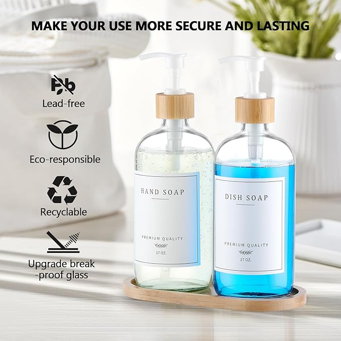 Clear Glass Soap Dispenser - Dish Hand Soap Dispenser Set for Kitchen, Refillable Soap Lotion Dispenser Bathroom with Sturdy Pump and Tray, 14 Waterproof Labels -Clear