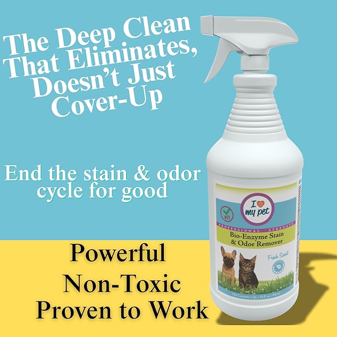 I Love My Pet Bio-Enzyme Stain and Odor Eliminator for Home, Enzyme Cleaner, Pet Carpet Cleaner Spray, Pee, Carpet Stain Remover Spray, 32 oz Fresh Scent