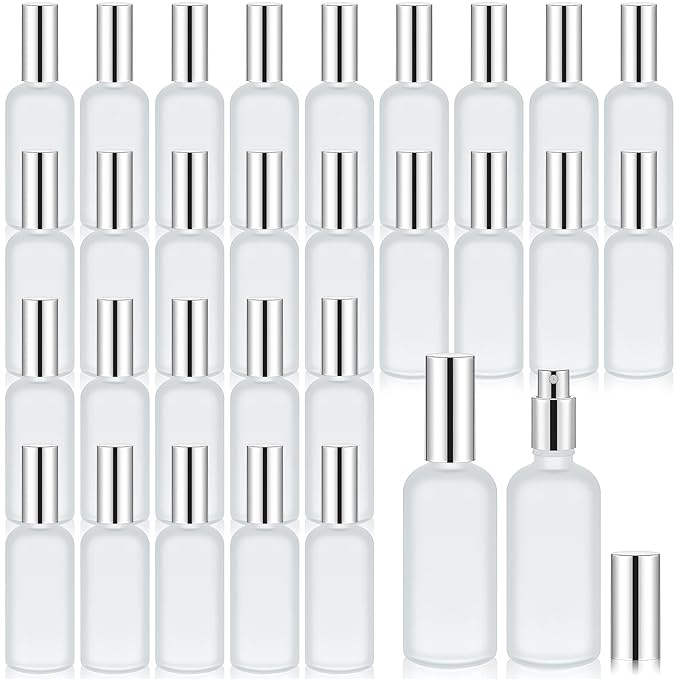 Roshtia 30 Pcs 3.4 oz/ 100 ml Silver Glass Spray Bottle Refillable Perfume Atomizer Clear Decorative Empty Bottles with Fine Mist Sprayer Pump for Face Body Travel
