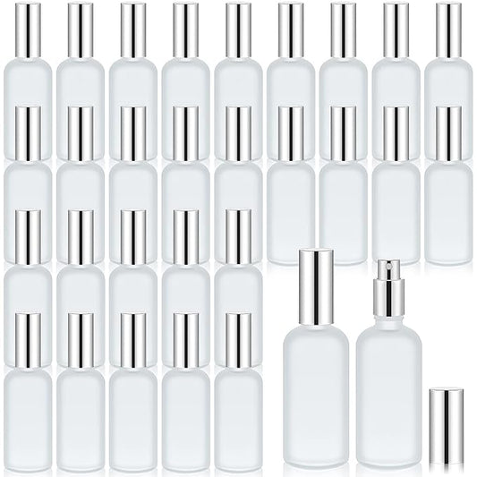Roshtia 30 Pcs 3.4 oz/ 100 ml Silver Glass Spray Bottle Refillable Perfume Atomizer Clear Decorative Empty Bottles with Fine Mist Sprayer Pump for Face Body Travel