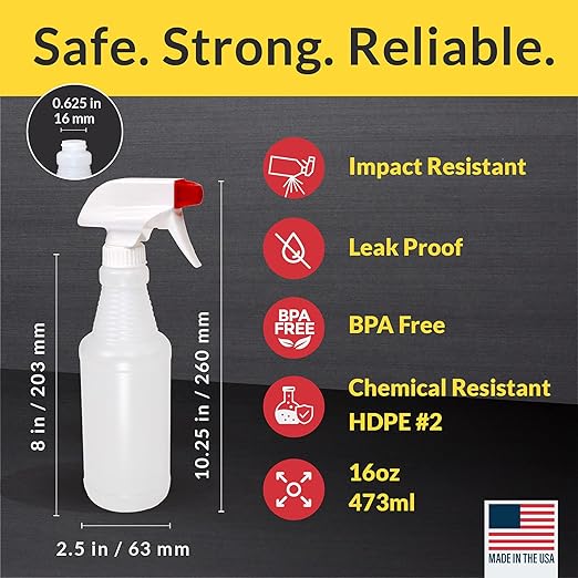 Pinnacle Mercantile Plastic Spray Bottles USA Made 4 Pack 16 oz Leak Proof Empty Refillable Mist/Stream for Cleaning Solutions, Plants, Hair, Bleach, Vinegar, Alcohol Safe