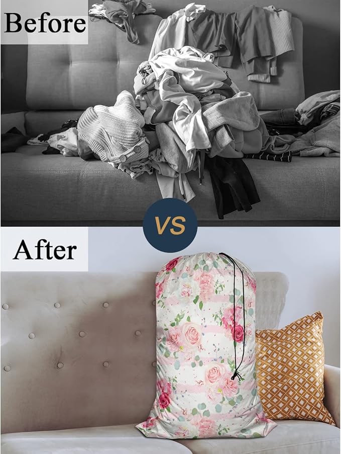 Swono Pink Rose Dining Toy Storage Heavy Duty Basket Laundry Bag with Drawstring Romantic White Peony Bouquets Folding Organizer for Travel Washing Machine, 28x40 Inch, Striped