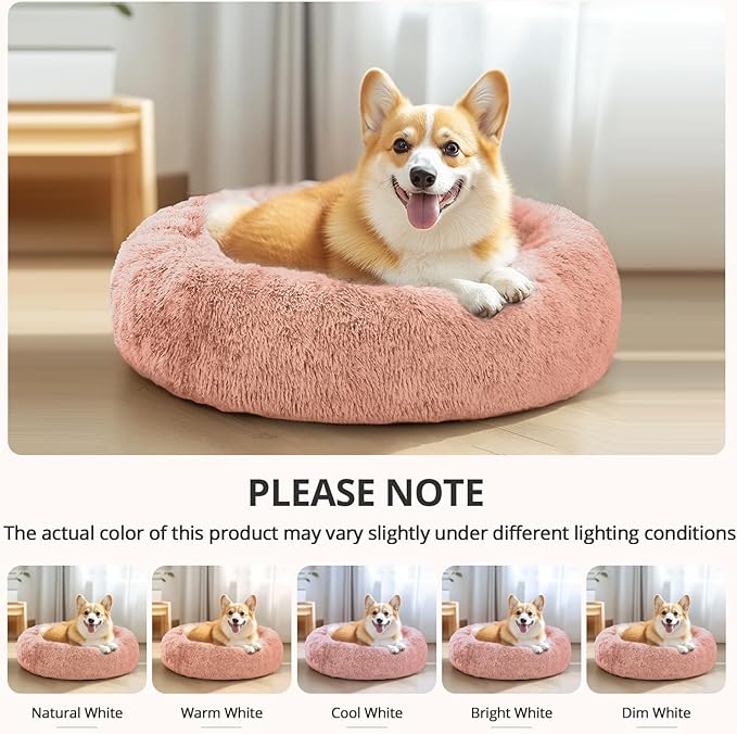 JOLLYVOGUE Small Dog & Cat Beds for Indoor Cats, Donut Cuddler Warming Soft Dog Beds with Anti-Slip Bottom, Round Calming Fluffy Plush Faux Fur Cushion Bed for Medium Dogs (31", Peach Pink)