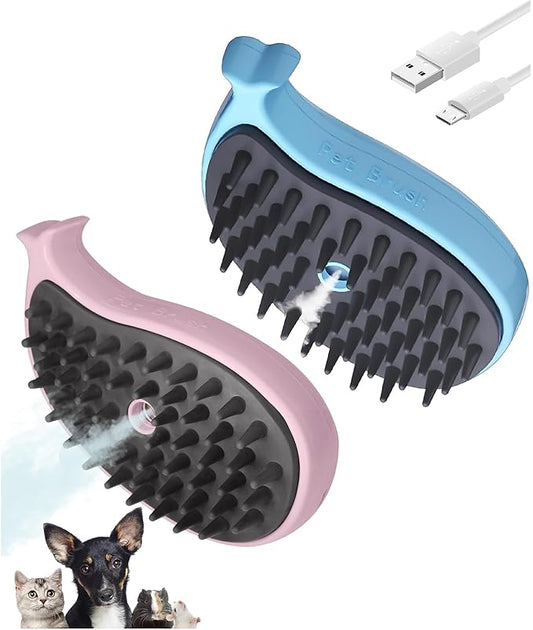 3 in 1 Cat Steamy Brush with Care Solution 2Pcs - Electric Spray Grooming Comb for Cats Dogs, Steaming Silicone Massage Brush - Self Cleaning Pet Hair Remover - Blue & Purple