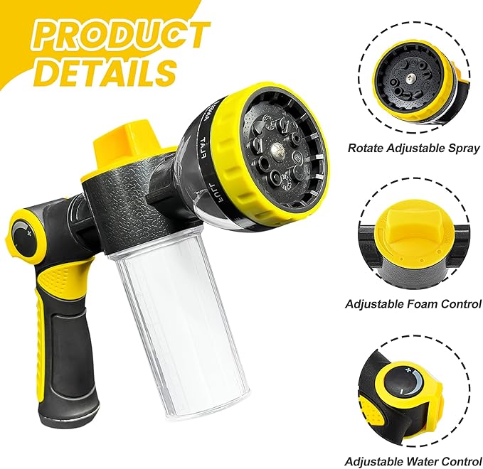 Dog Wash Hose Attachment, 10-in-1 Spray Mode Pet Shower Soap Sprayer with Grooming Comb Rubber Brush, Hose Nozzle with 100cc Soap Dispenser, for Watering, Car Wash, Dog and Horse Showering (Yellow)
