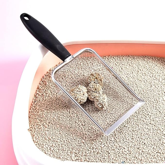 HLMOptimo Cat Litter Scoop Stainless Steel Mesh Scooper Long Handle Deep Shovel Non-Stick Coated Metal Litter Scoop for Litter Box Kitten Pooper Lifter (Cyan, 2 mm mesh)