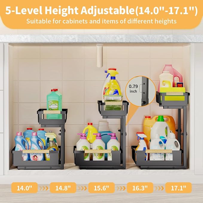 Under the Sink Organizer, 2 Tier Large Pull Out Under Sink Organizer Kitchen with Adjustable Height, Metal Under Cabinet Organizer and Storage for Counter Bathroom Vanity Laundry, Black 1 Pack