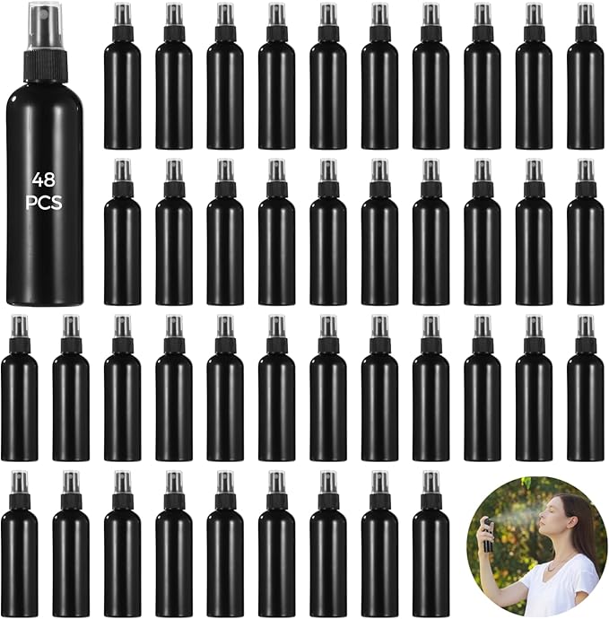48 Pcs 4 oz Plastic Spray Bottles - 120 ML Travel Size, Fine Mist Sprayers, Ideal for Perfumes, Cosmetics, Cleaning Solutions, and More, Black