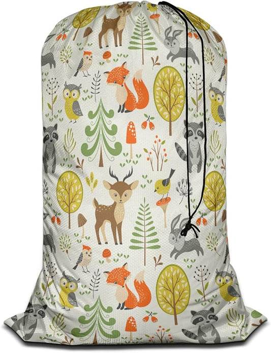 Swono Woodland Animals Laundry Bag with Strap Machine Washable Large Dirty Clothes Organizer Trees Mushrooms Berries Rabbit Owl Easy Fit Laundry Hamper or Basket, Carry Up to 4 Loads of Laundry