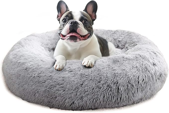 JOLLYVOGUE Small Dog & Cat Beds for Indoor Cats, Donut Cuddler Warming Soft Dog Beds with Anti-Slip Bottom, Round Calming Fluffy Plush Faux Fur Cushion Bed for Medium Dogs (27", Smoke Grey)