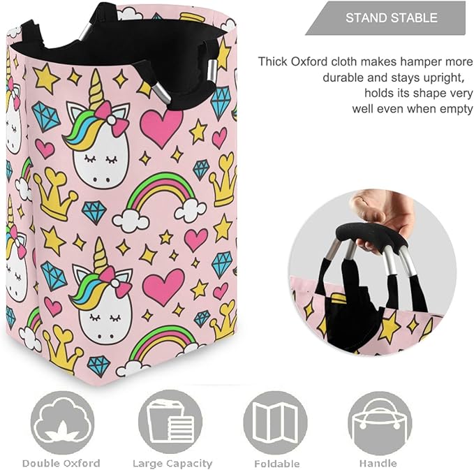 visesunny Cute Unicorn Princess Heart Rainbow Large Capacity Laundry Hamper Basket Water-Resistant Oxford Cloth Storage Baskets for Bedroom, Bathroom, Dorm, Kids Room