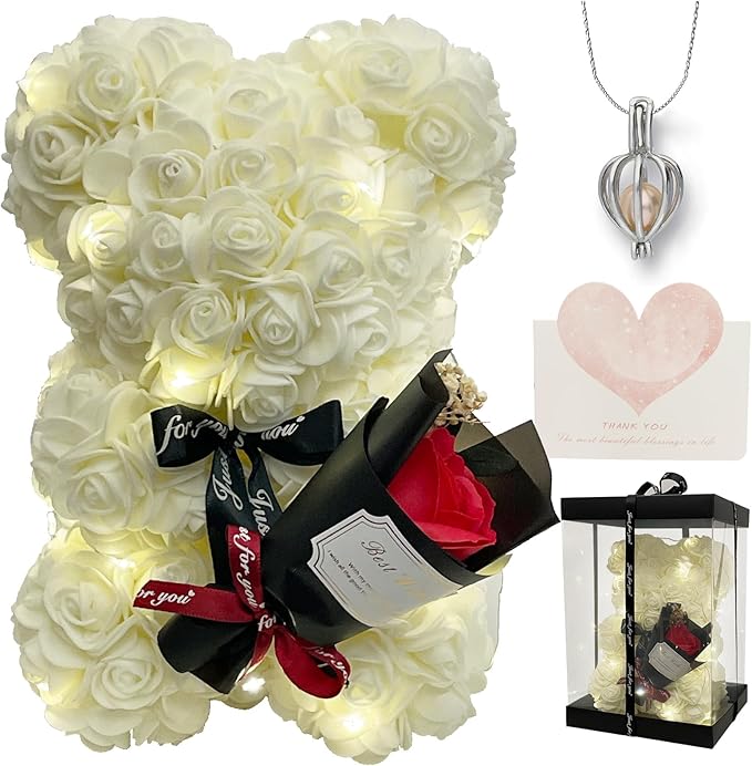 Romantic Valentines Day Gift for Her Rose Artificial Flower Rose Teddy Bear for Wife, Girlfriend Mother Daugther Women. Blind Box for Christmas Birthday Wedding Anniversary (White)