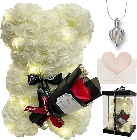 Romantic Valentines Day Gift for Her Rose Artificial Flower Rose Teddy Bear for Wife, Girlfriend Mother Daugther Women. Blind Box for Christmas Birthday Wedding Anniversary (White)