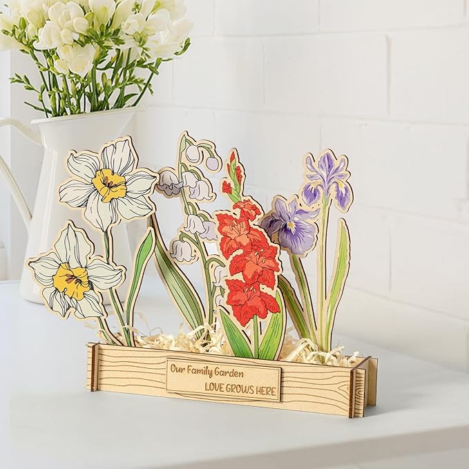 Mother's Day - 12 Birth Month Flowers Wooden Garden Decor for Grandma's Birthday, Floral Gift for Mom from Daughter, Practical Wooden Keepsake to Remember A Day, Flower Room Decor Idea for Grandma