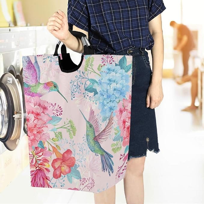 visesunny Pretty Hummingbird And Pink Flower Large Laundry Hamper with Handle Foldable Durable Clothes Hamper Laundry Bag Toy Bin for Bathroom, Bedroom, Dorm, Travel