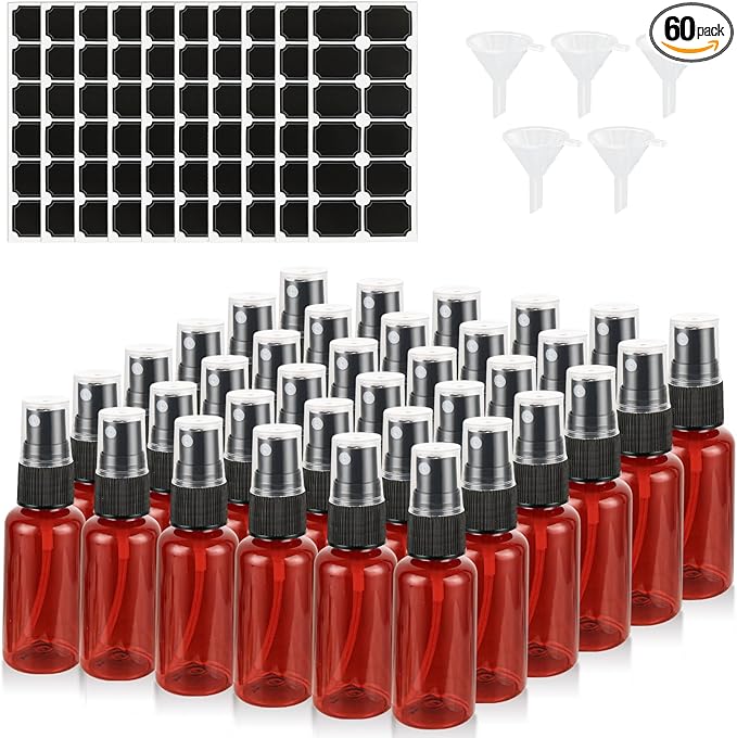 60PCS 1 oz Plastic Amber Spray Bottle, Empty Small Amber Spray Bottle with Sticker and Funnel, Refillable Mini Mister Spray Bottle for Essential Oils, Bath & Cleaning