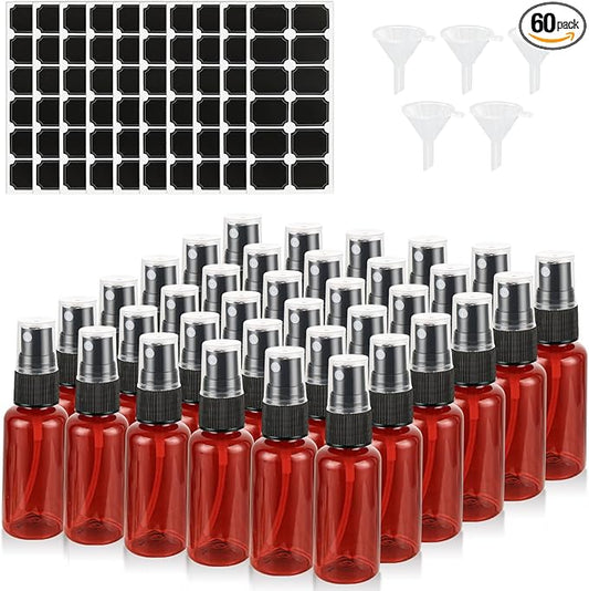 60PCS 1 oz Plastic Amber Spray Bottle, Empty Small Amber Spray Bottle with Sticker and Funnel, Refillable Mini Mister Spray Bottle for Essential Oils, Bath & Cleaning