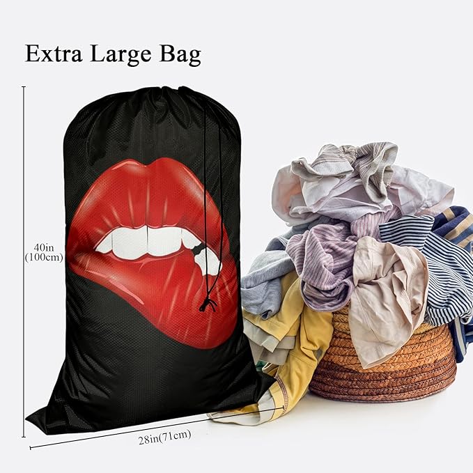 Swono Sexy Red Lip Laundry Bags With Drawstring XL Travel Storage Bags 28"x40", Heavy Duty Multi Use, White Teeth Washable Dirty Clothes Organizer, Easy Fits Laundry Hamper Basket, Oxford Cloth, Black