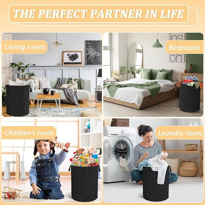 Black Leopard Print Laundry Hamper Bag With Waterproof Liner - Round Laundry Basket Foldable Clothes Storage Organizer For Bathroom Bedroom Nursery Dorm, S-16.5"X 13.8"