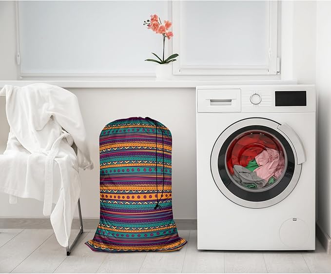 Swono Mexican Texture Heavy Duty Laundry Drawstring Bag with Strap, Indian Style Hand Drawn Abstract Backdrop 28 x 40 Inches Travel Dirty Clothes Bag for Laundromat and Household