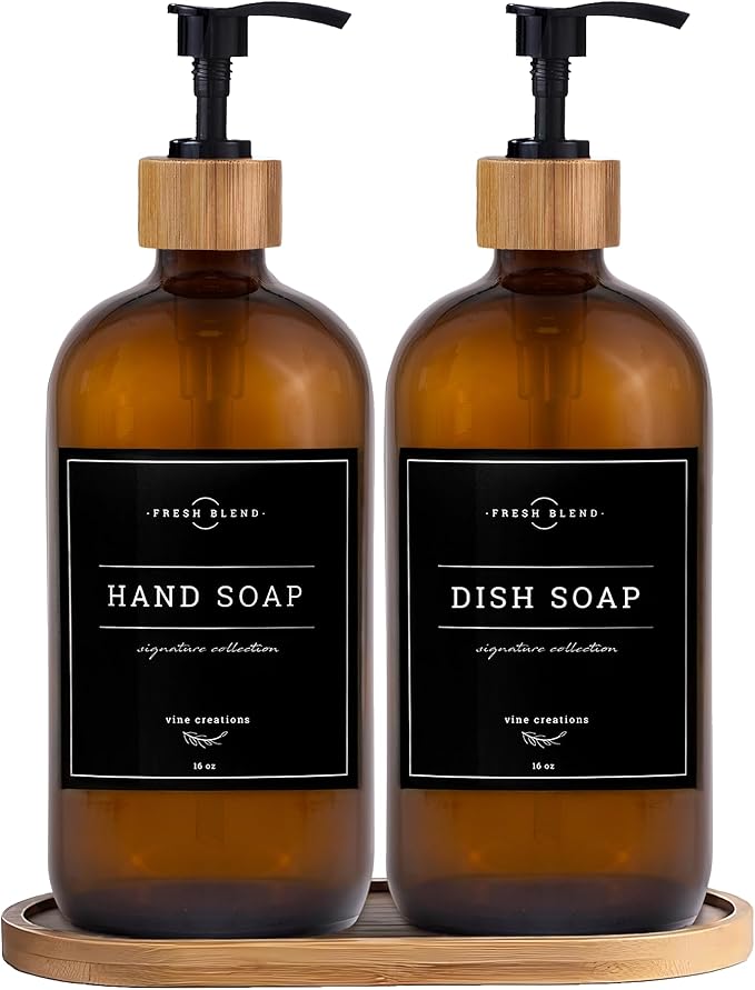 Vine Creations Amber Glass Soap Dispenser Set - Kitchen Soap Dispenser Set with Tray - Bamboo Dish Soap and Hand Soap Dispensers Set for Bathroom - Modern Kitchen Decor with Waterproof Labels