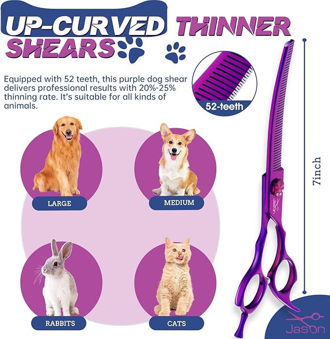 JASON Curved Thinner Dog Scissors - 7” Ergonomic Pet Scissor Purple Curved Thinning Dog Shear 440C Stainless Steel Grooming Shears Professional Pet Shears For Groomer (52-Teeth, Up-curved)